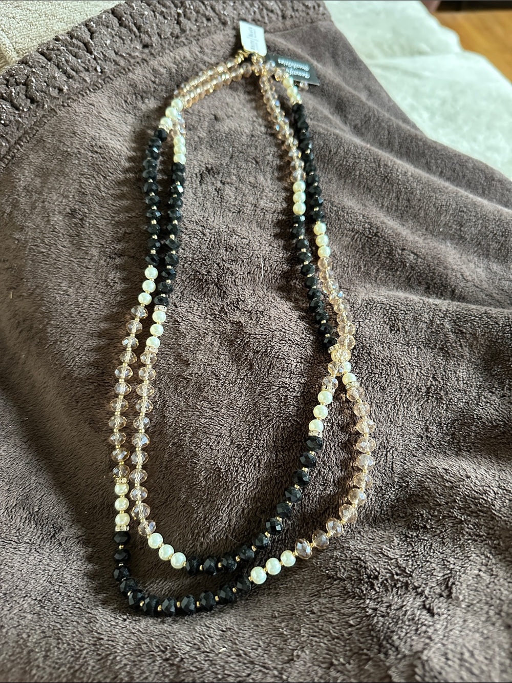 White House Black Market Black and Cream Multi-Strand Beaded Necklace